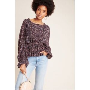 Anthropologie Black Floral Smocked Peplum Blouse